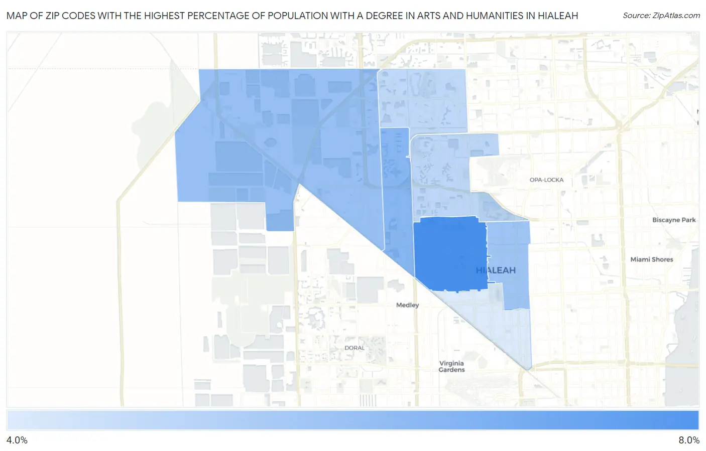 Zip Codes with the Highest Percentage of Population with a Degree in Arts and Humanities in Hialeah Map