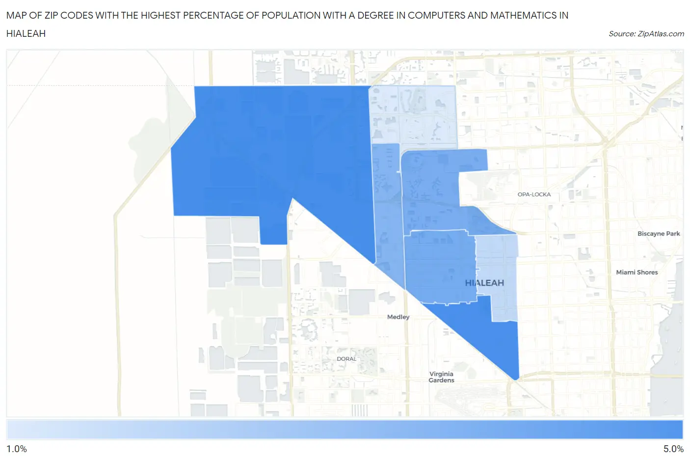 Zip Codes with the Highest Percentage of Population with a Degree in Computers and Mathematics in Hialeah Map