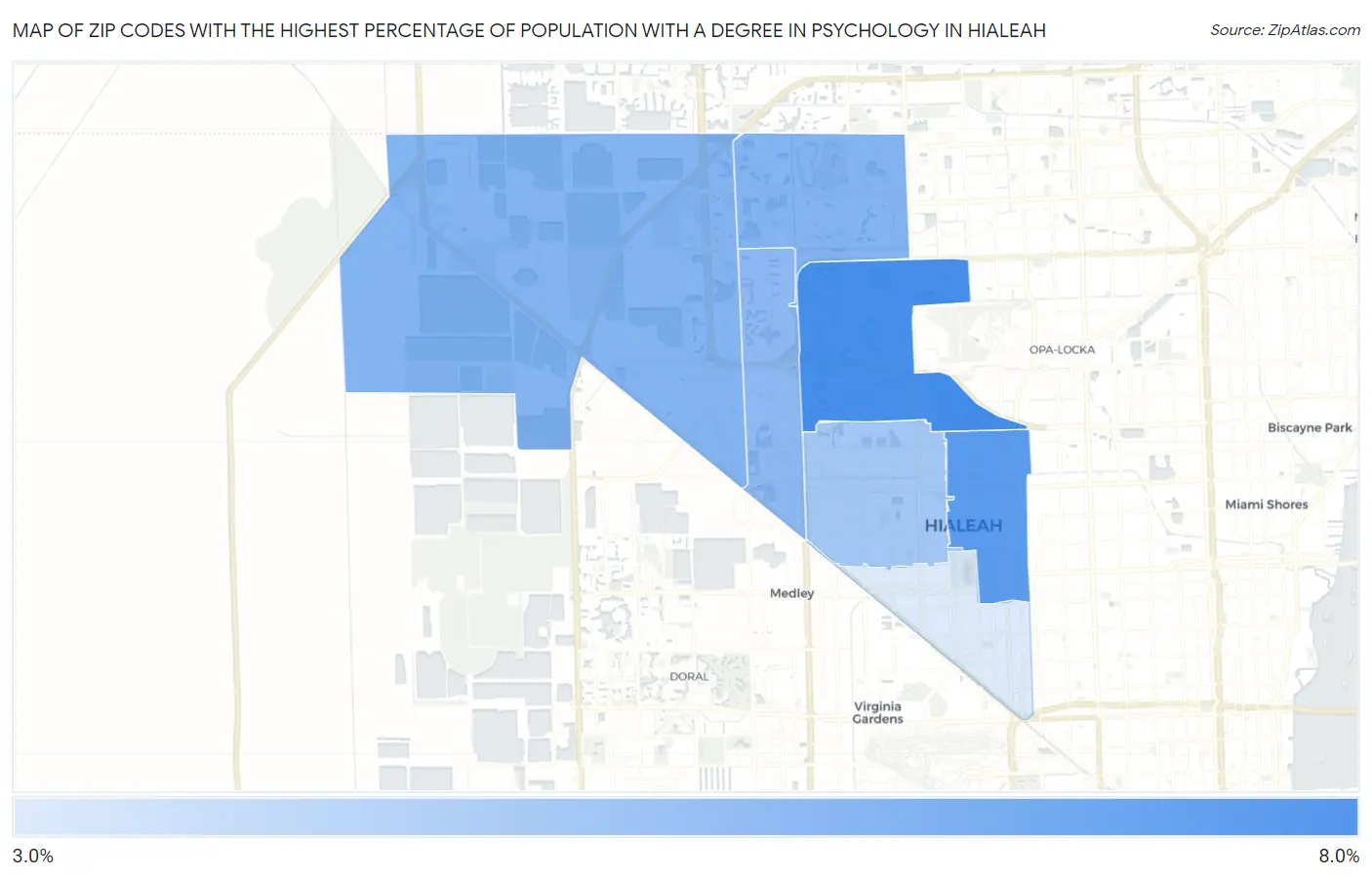 Zip Codes with the Highest Percentage of Population with a Degree in Psychology in Hialeah Map