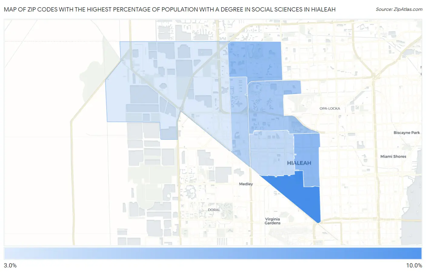Zip Codes with the Highest Percentage of Population with a Degree in Social Sciences in Hialeah Map