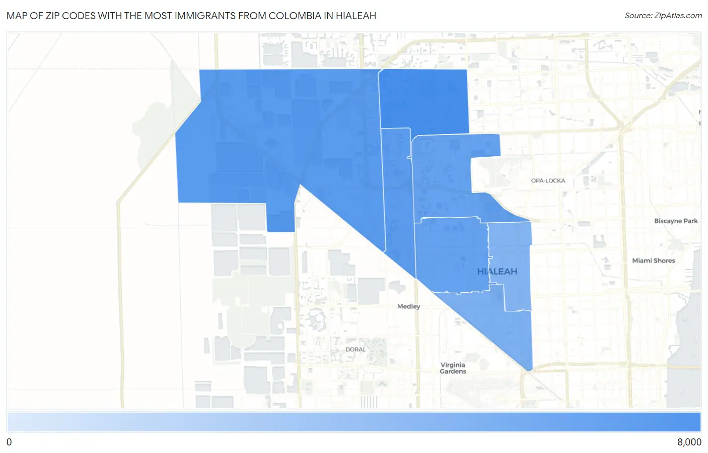 Zip Codes with the Most Immigrants from Colombia in Hialeah Map