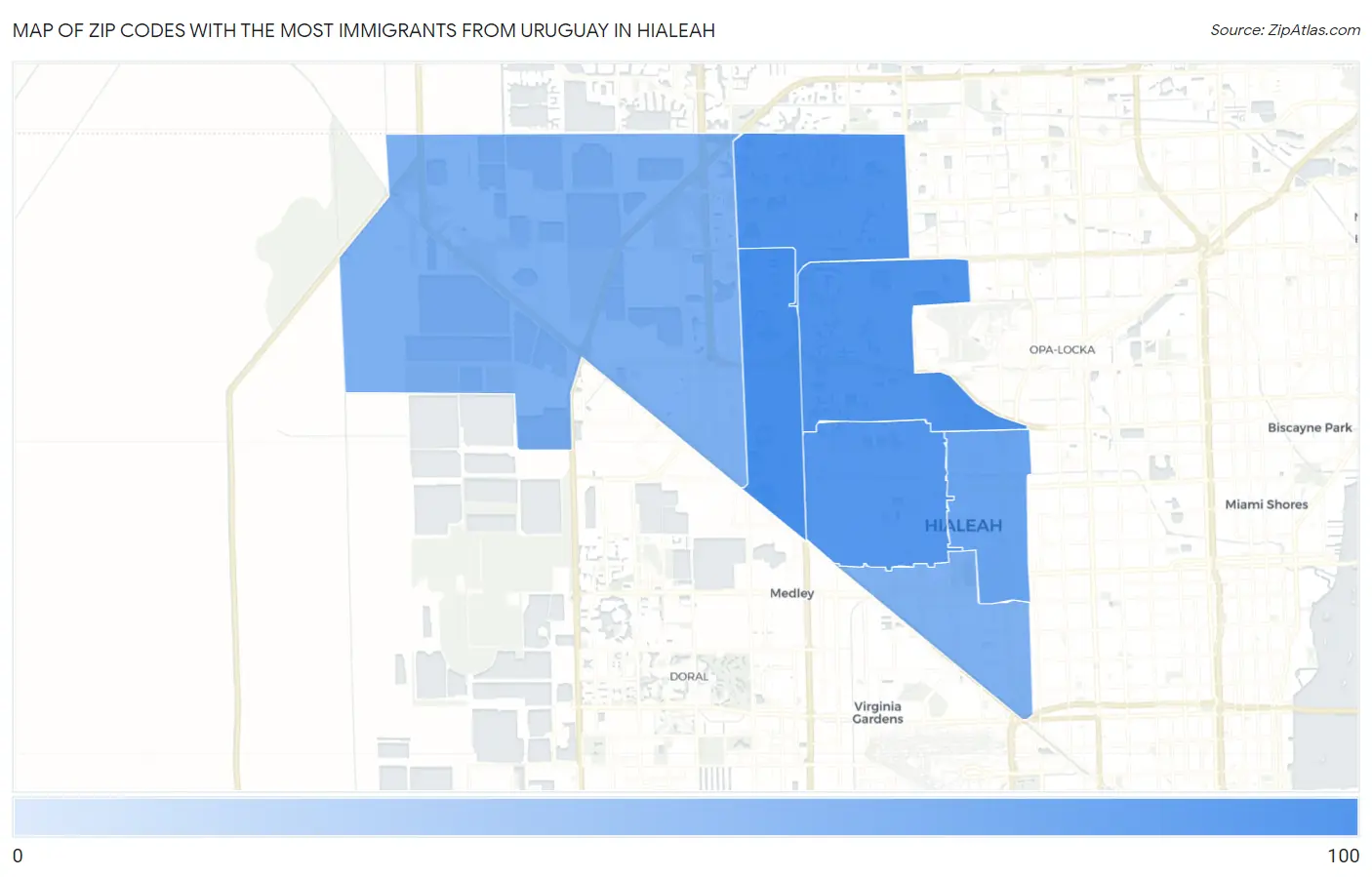 Zip Codes with the Most Immigrants from Uruguay in Hialeah Map