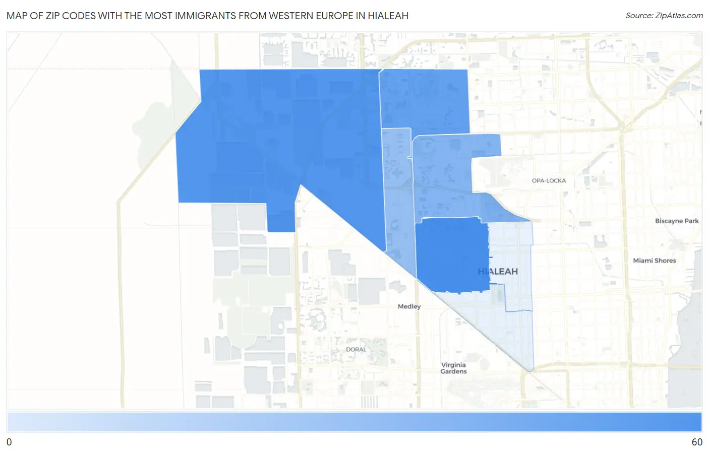 Zip Codes with the Most Immigrants from Western Europe in Hialeah Map