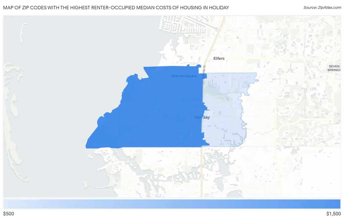 Zip Codes with the Highest Renter-Occupied Median Costs of Housing in Holiday Map