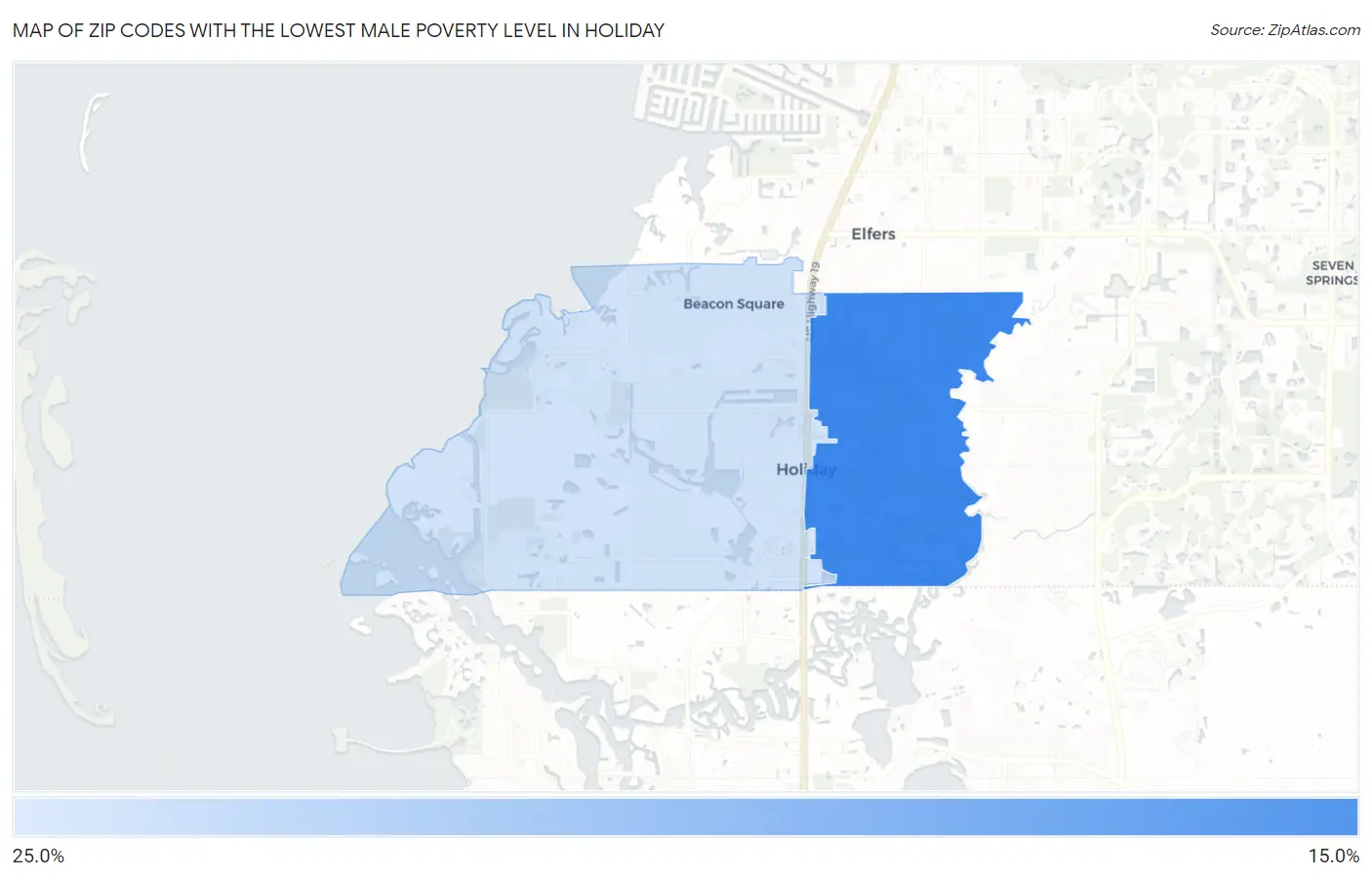 Zip Codes with the Lowest Male Poverty Level in Holiday Map