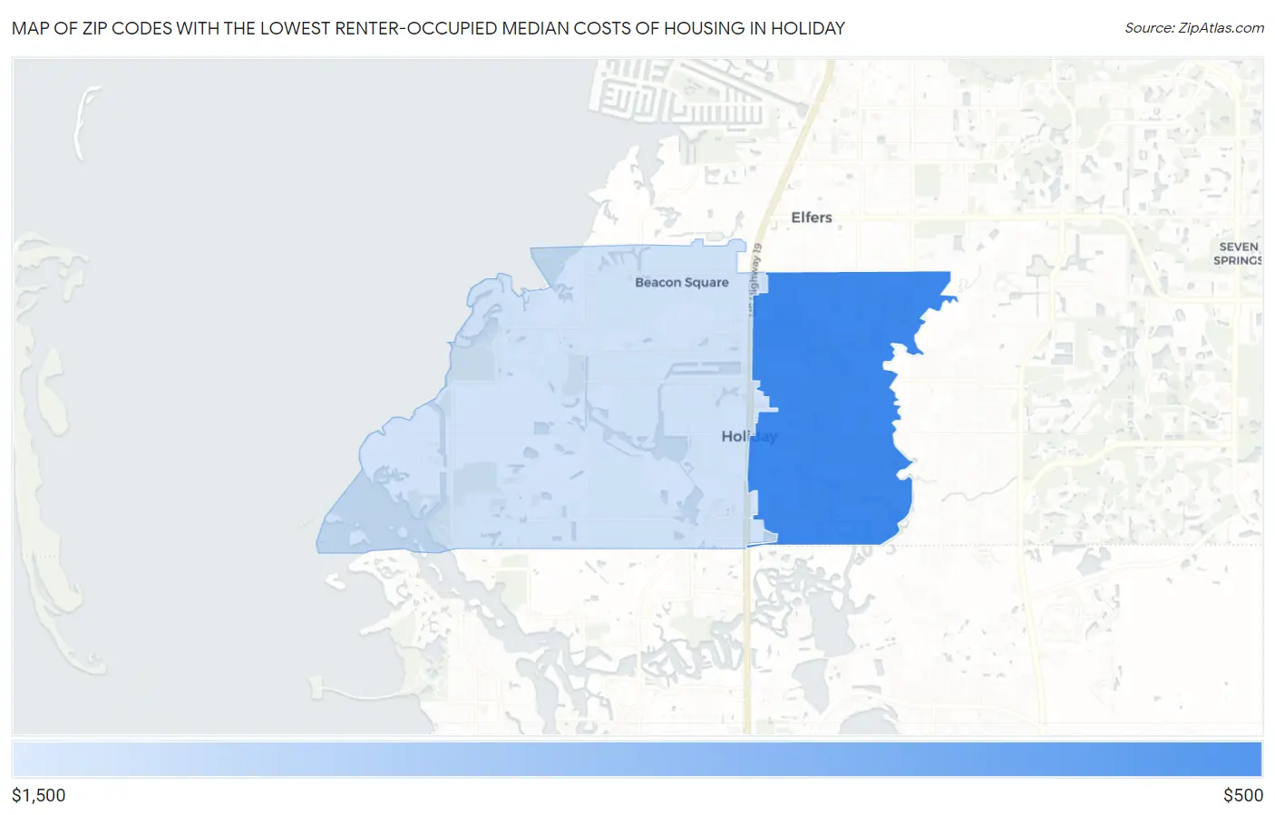 Zip Codes with the Lowest Renter-Occupied Median Costs of Housing in Holiday Map