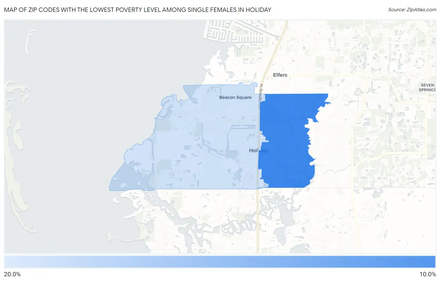Zip Codes with the Lowest Poverty Level Among Single Females in Holiday Map