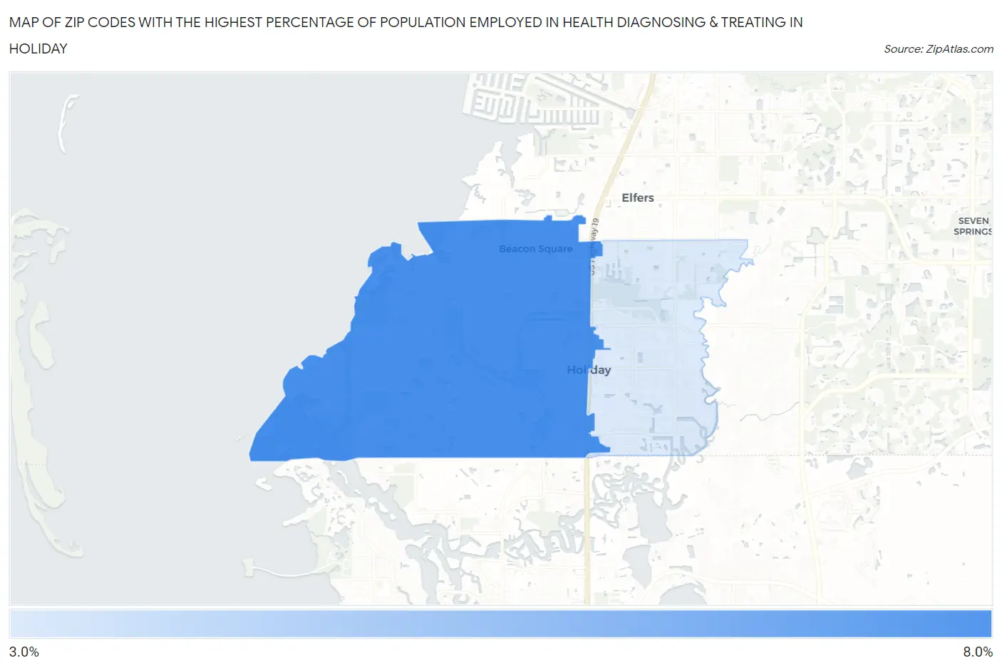 Zip Codes with the Highest Percentage of Population Employed in Health Diagnosing & Treating in Holiday Map