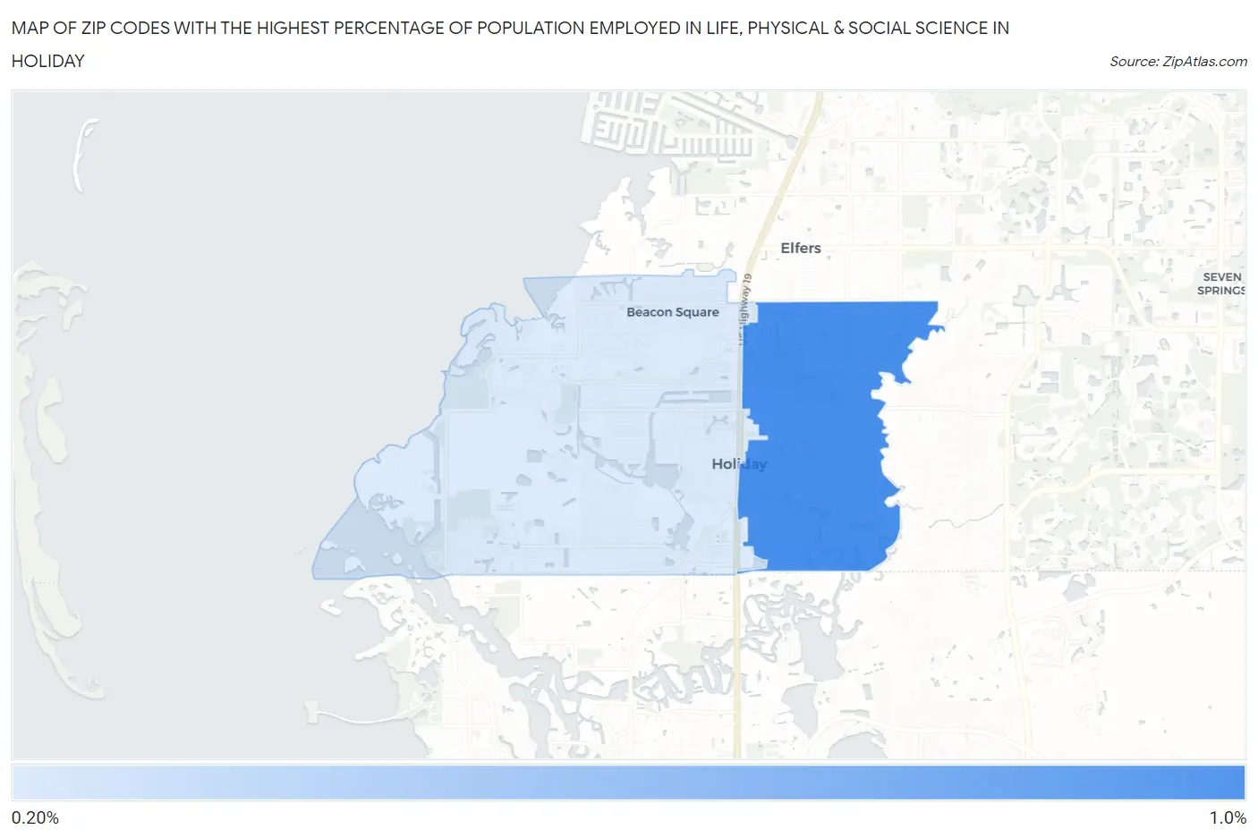 Zip Codes with the Highest Percentage of Population Employed in Life, Physical & Social Science in Holiday Map