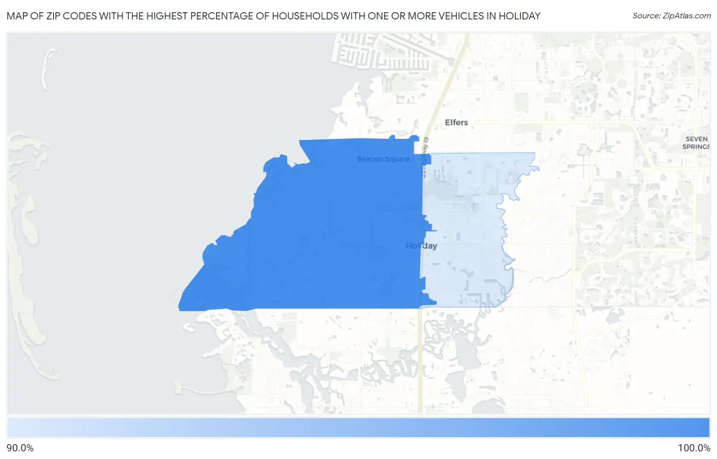 Zip Codes with the Highest Percentage of Households With One or more Vehicles in Holiday Map