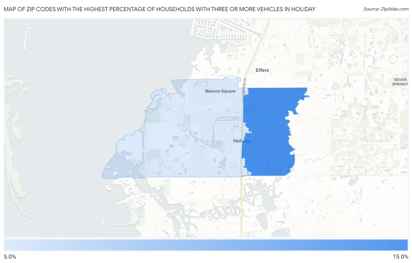 Zip Codes with the Highest Percentage of Households With Three or more Vehicles in Holiday Map