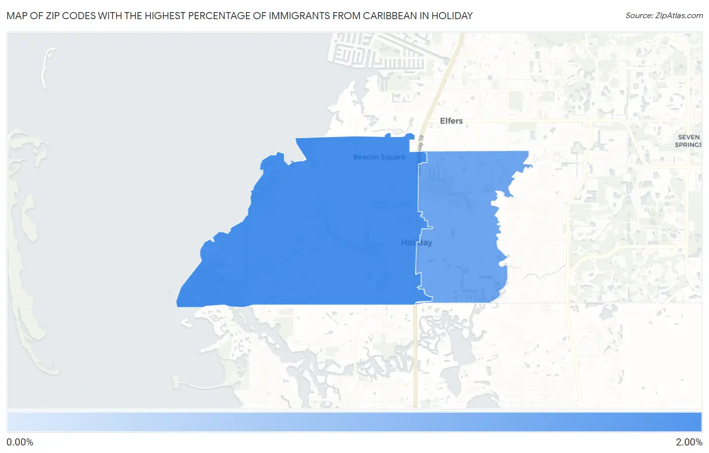 Zip Codes with the Highest Percentage of Immigrants from Caribbean in Holiday Map