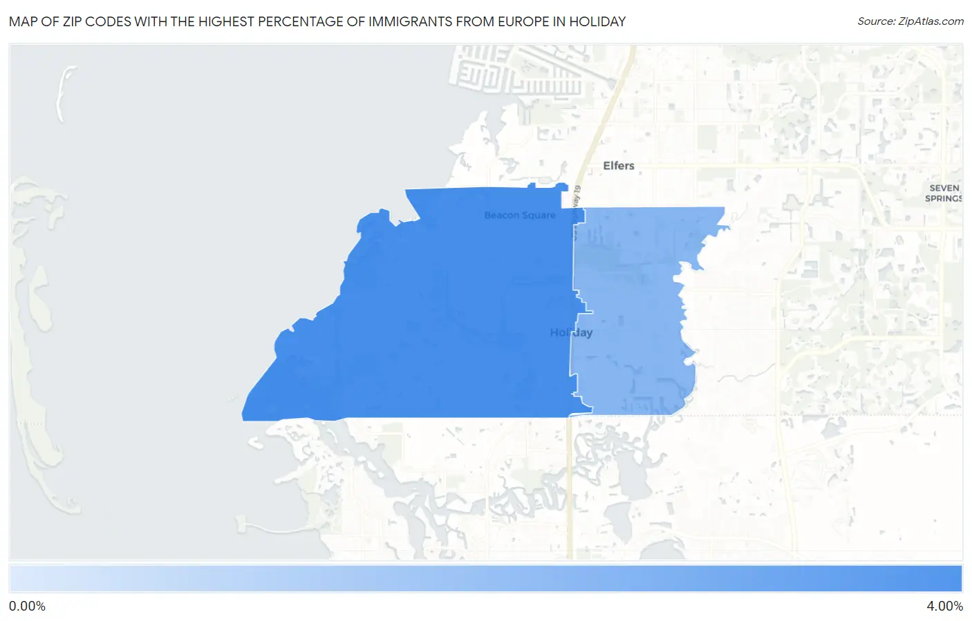 Zip Codes with the Highest Percentage of Immigrants from Europe in Holiday Map