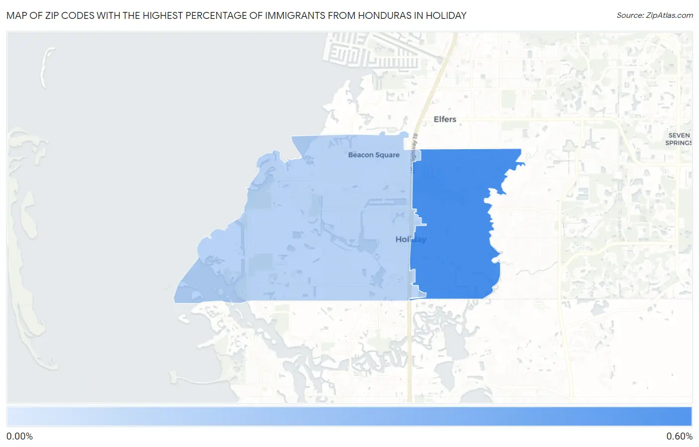 Zip Codes with the Highest Percentage of Immigrants from Honduras in Holiday Map
