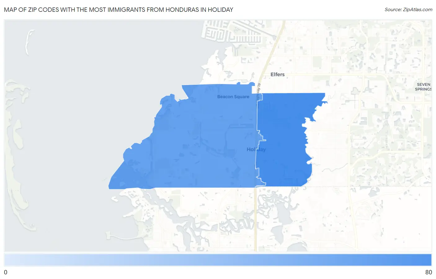 Zip Codes with the Most Immigrants from Honduras in Holiday Map