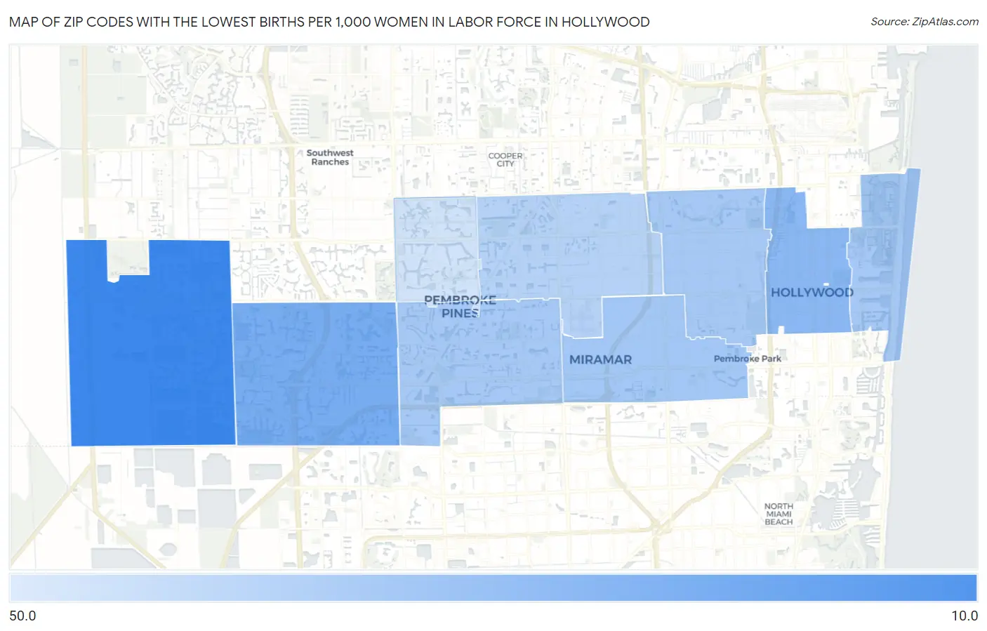 Zip Codes with the Lowest Births per 1,000 Women in Labor Force in Hollywood Map