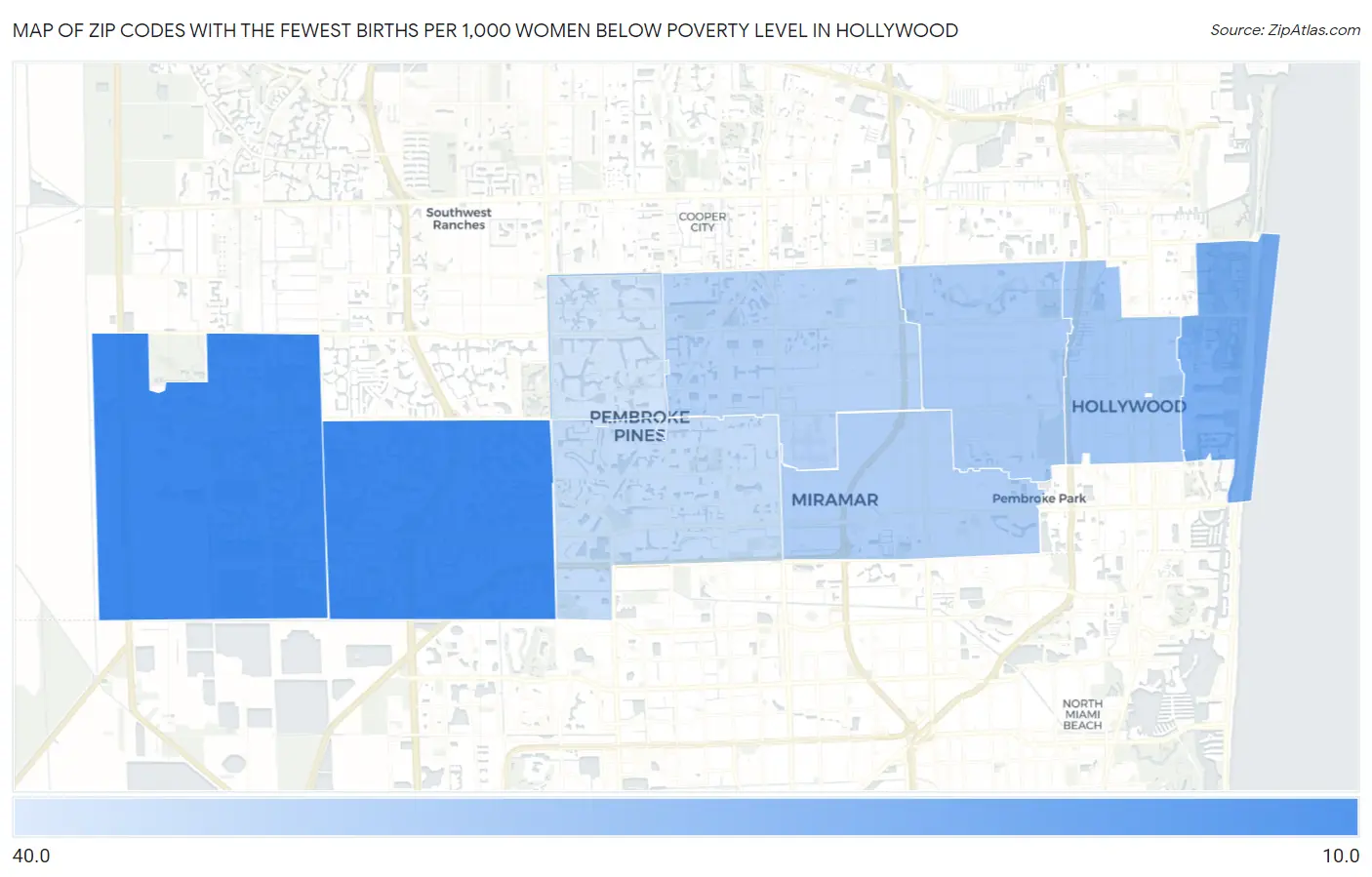 Zip Codes with the Fewest Births per 1,000 Women Below Poverty Level in Hollywood Map