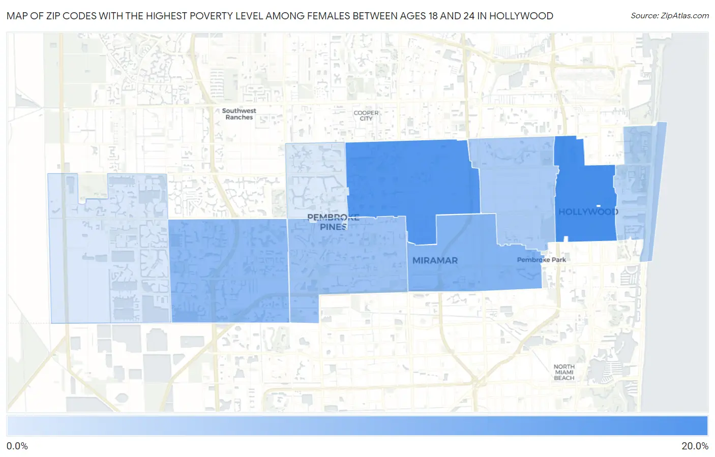 Zip Codes with the Highest Poverty Level Among Females Between Ages 18 and 24 in Hollywood Map