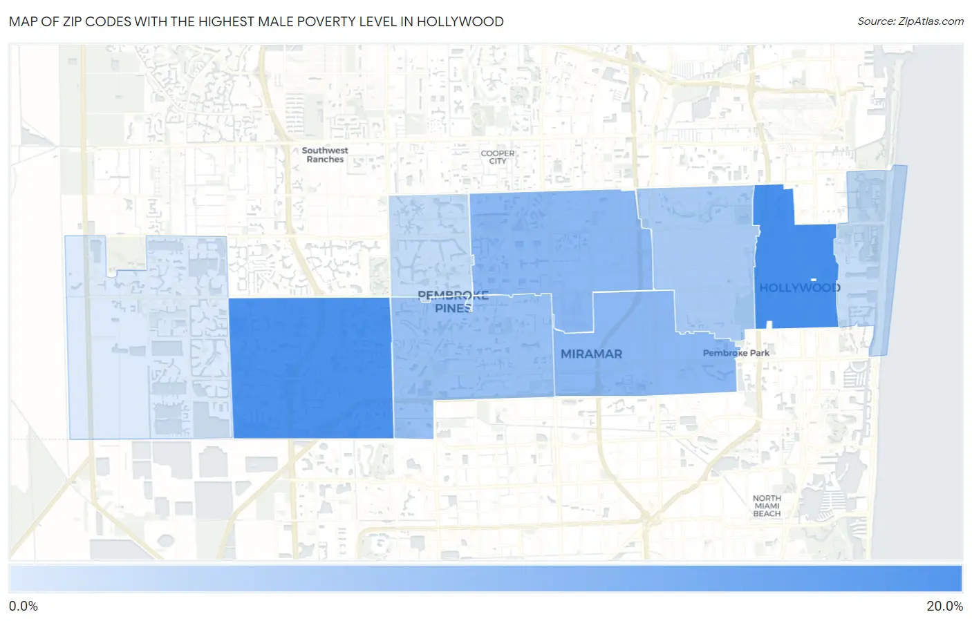 Zip Codes with the Highest Male Poverty Level in Hollywood Map