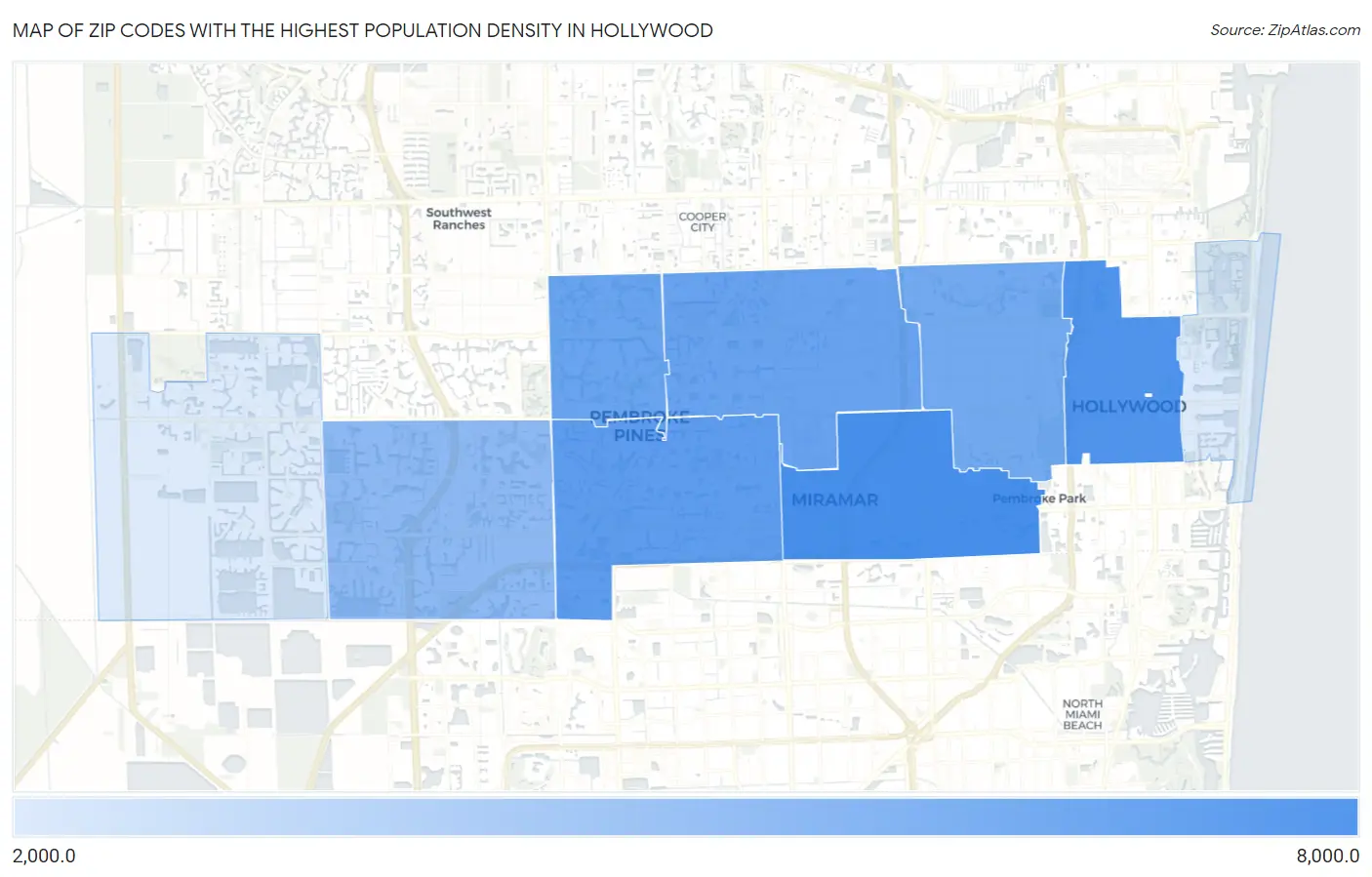 Zip Codes with the Highest Population Density in Hollywood Map