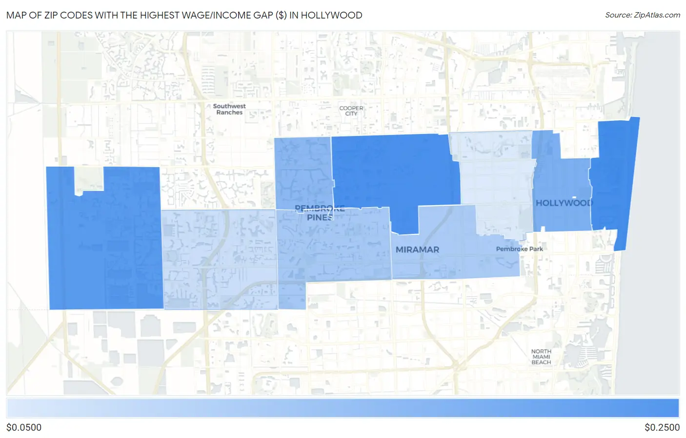 Zip Codes with the Highest Wage/Income Gap ($) in Hollywood Map