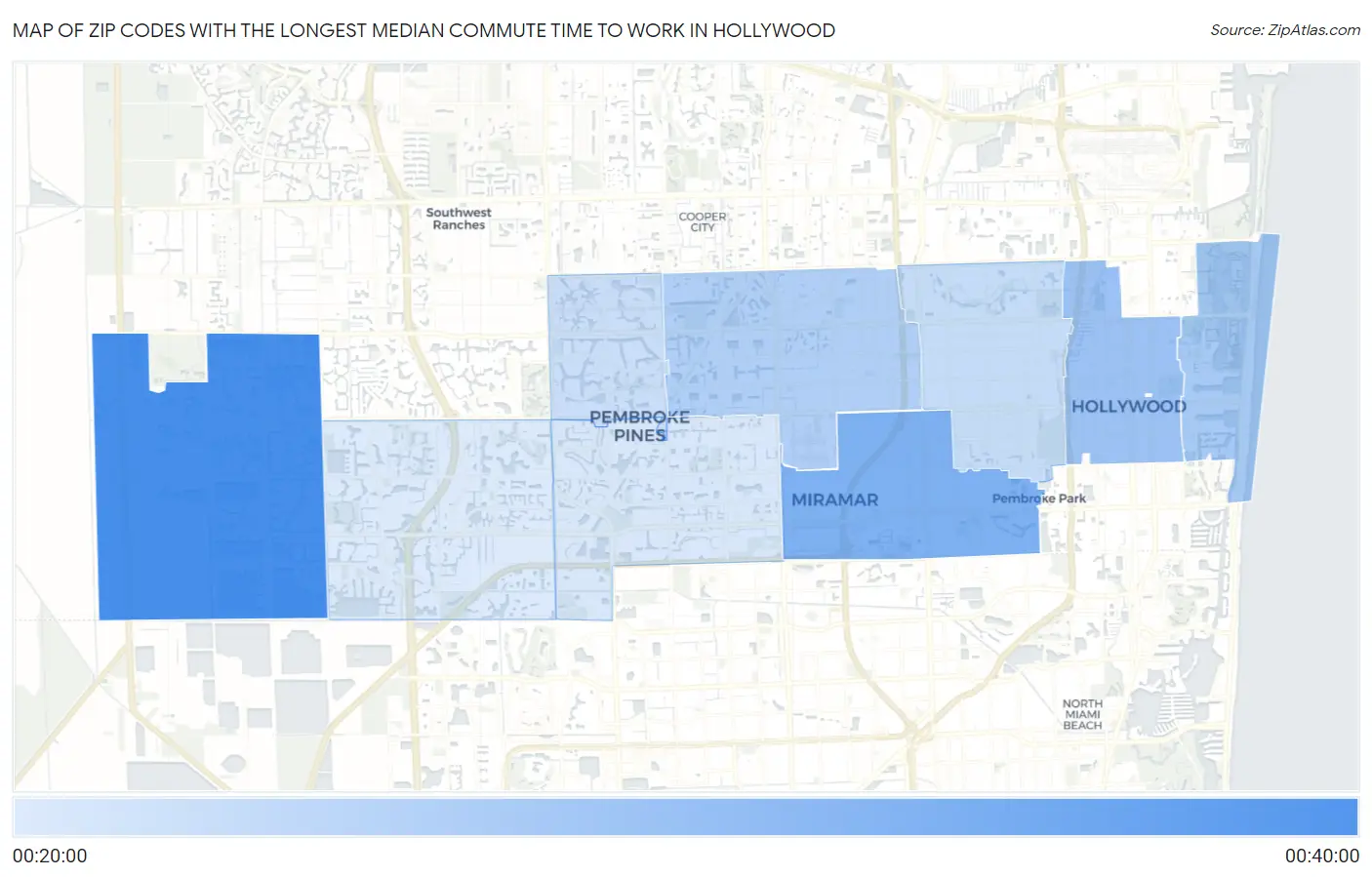 Zip Codes with the Longest Median Commute Time to Work in Hollywood Map