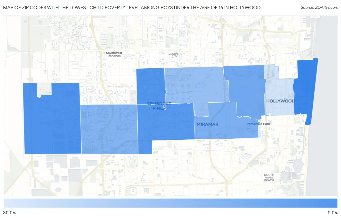 Zip Codes with the Lowest Child Poverty Level Among Boys Under the Age of 16 in Hollywood Map