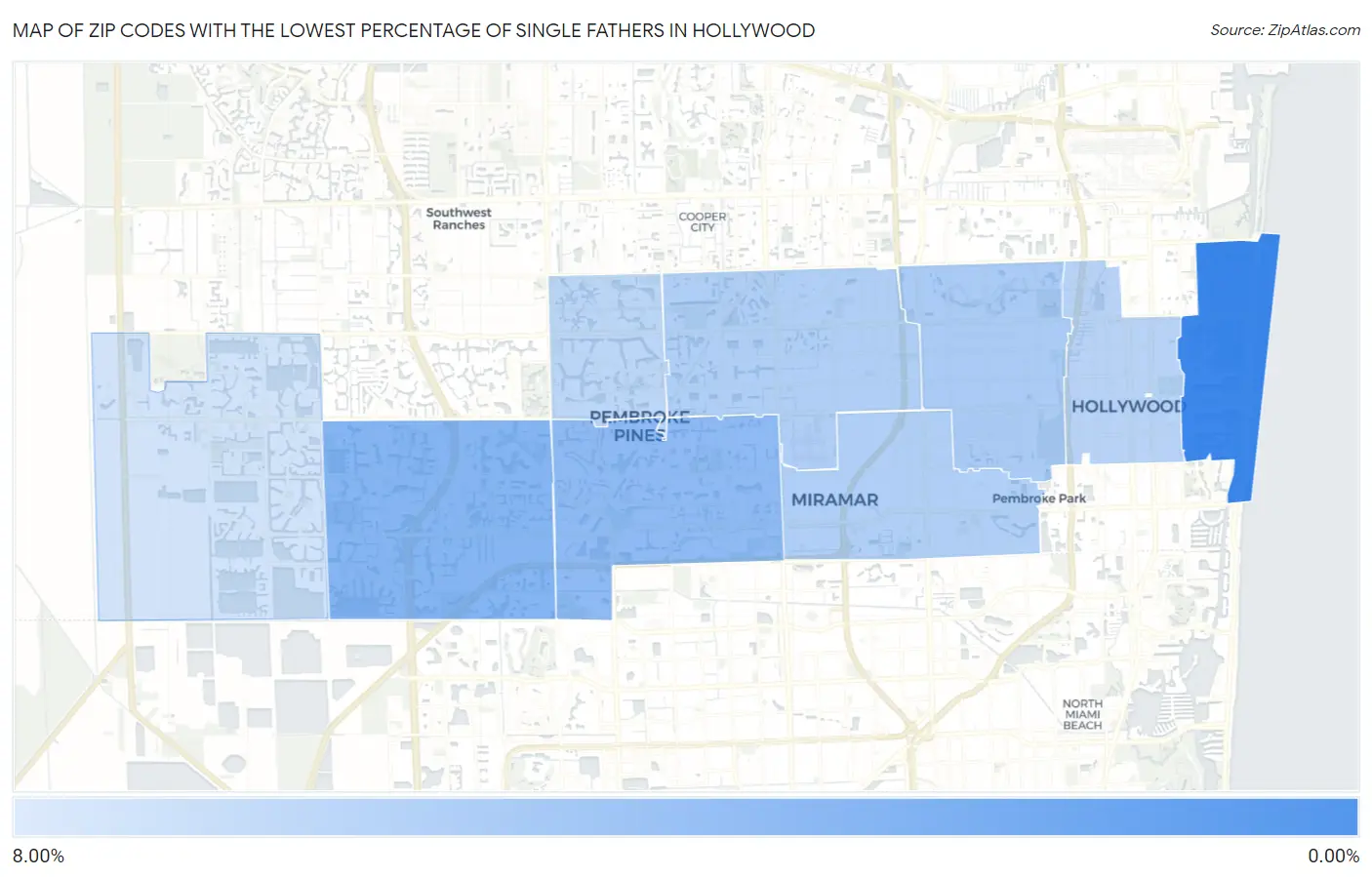 Zip Codes with the Lowest Percentage of Single Fathers in Hollywood Map