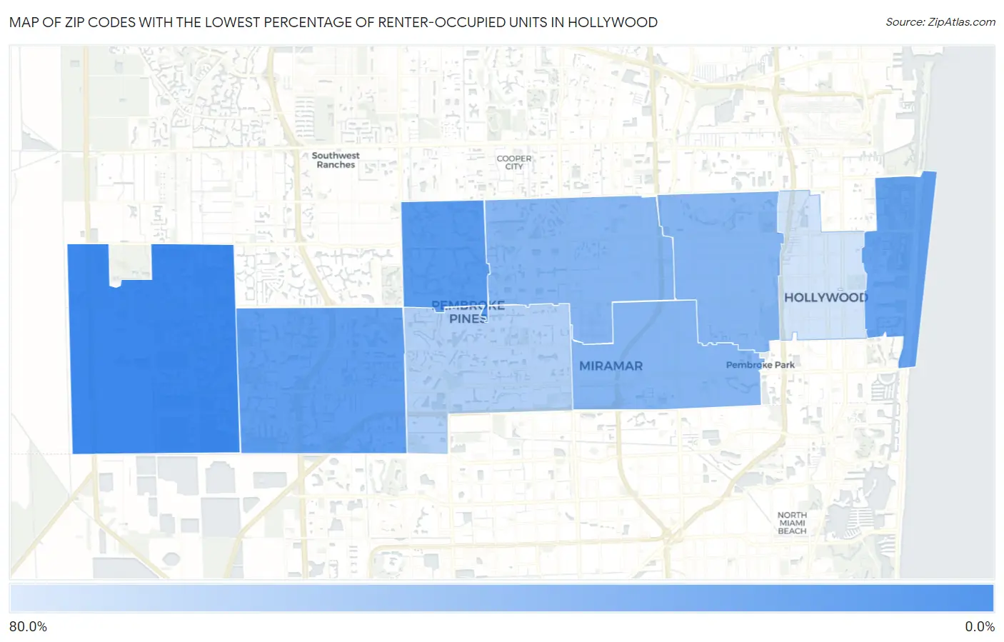 Zip Codes with the Lowest Percentage of Renter-Occupied Units in Hollywood Map