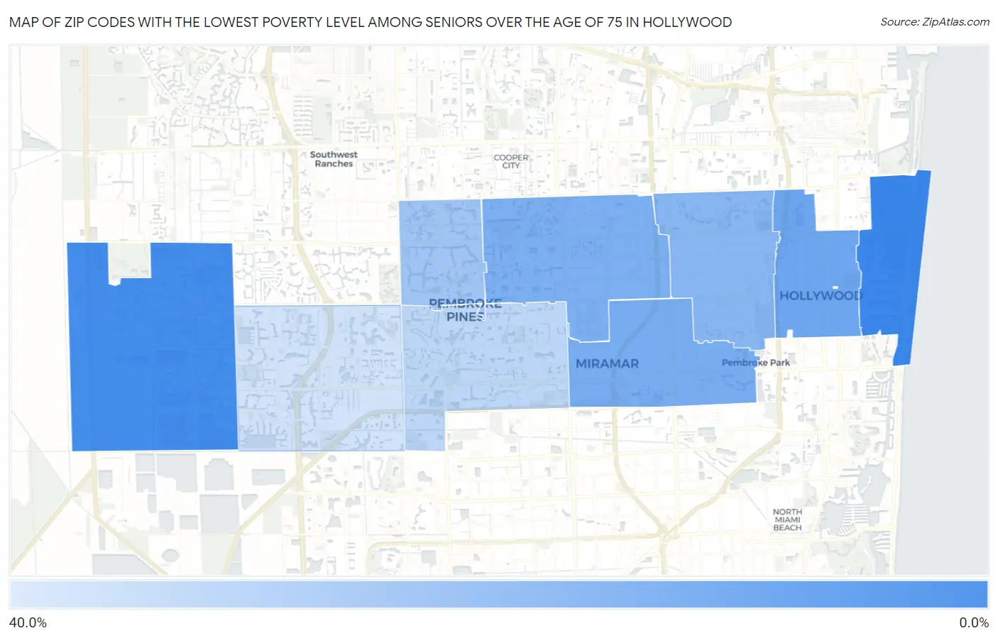 Zip Codes with the Lowest Poverty Level Among Seniors Over the Age of 75 in Hollywood Map