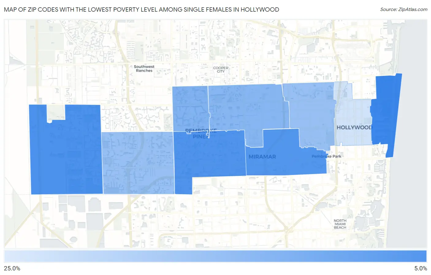 Zip Codes with the Lowest Poverty Level Among Single Females in Hollywood Map