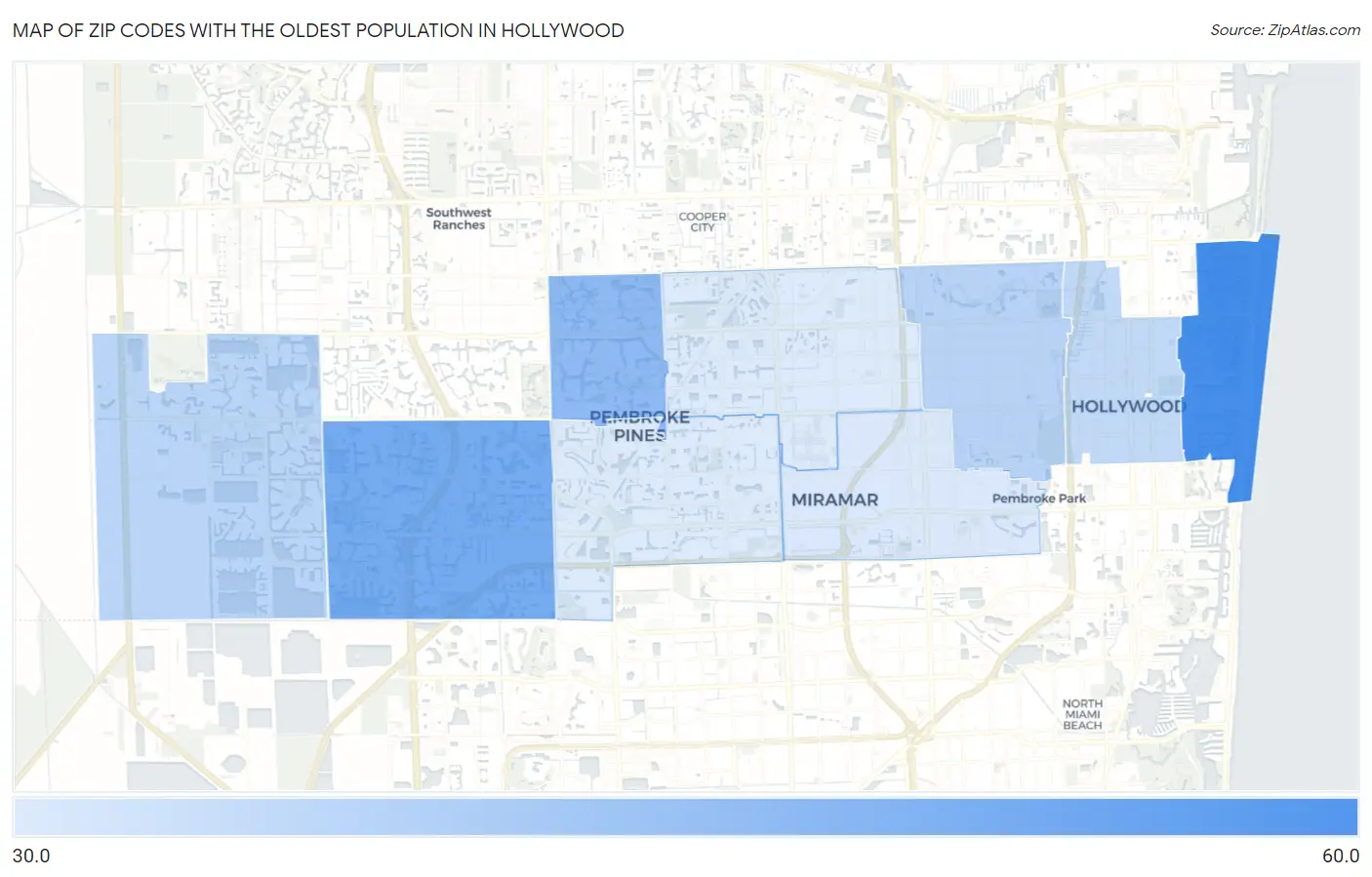 Zip Codes with the Oldest Population in Hollywood Map