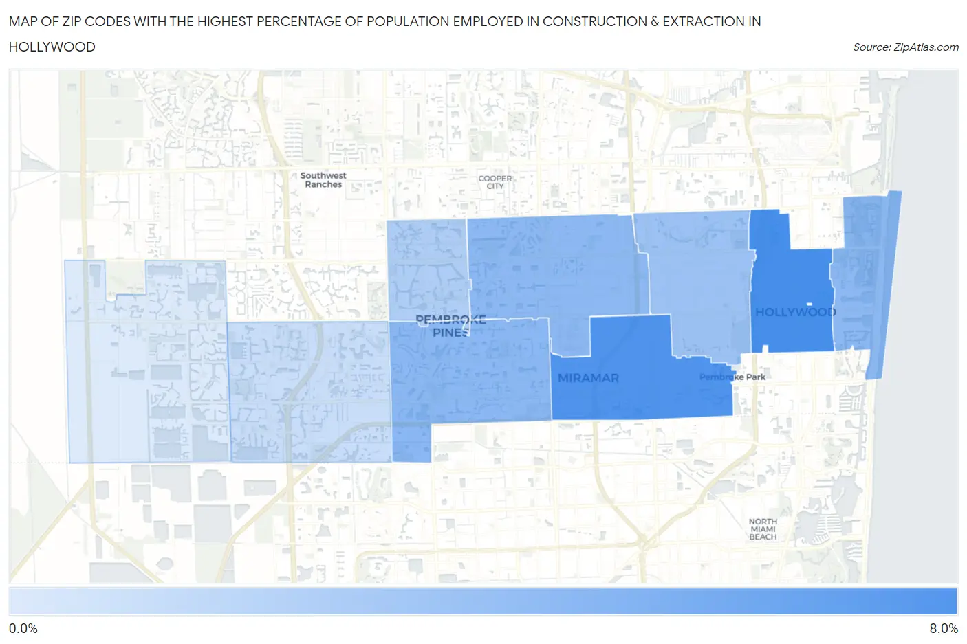 Zip Codes with the Highest Percentage of Population Employed in Construction & Extraction in Hollywood Map