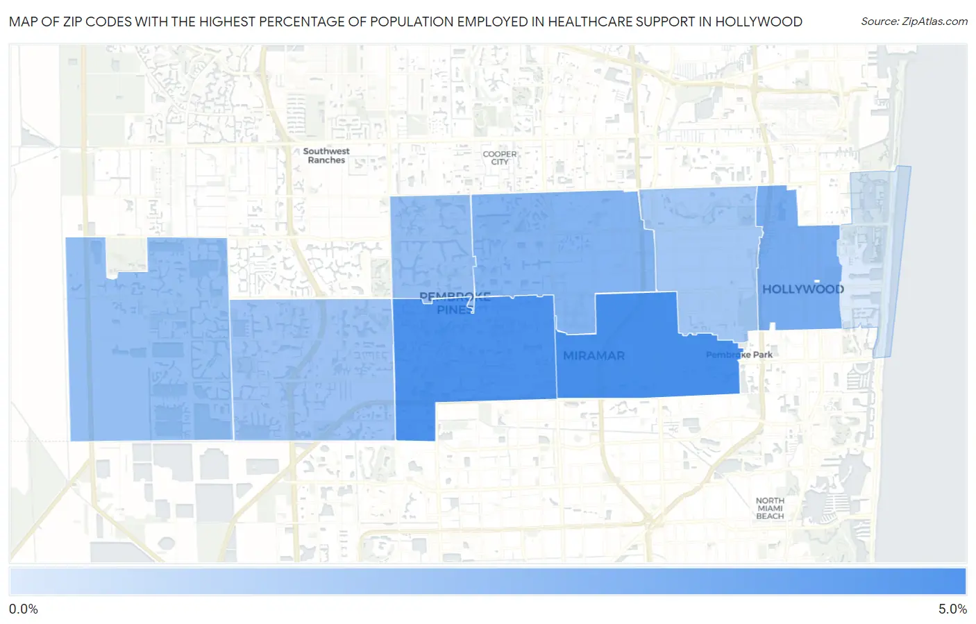 Zip Codes with the Highest Percentage of Population Employed in Healthcare Support in Hollywood Map