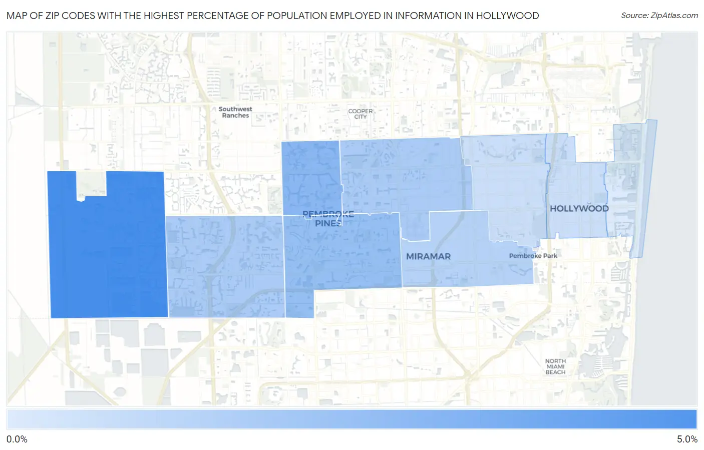 Zip Codes with the Highest Percentage of Population Employed in Information in Hollywood Map
