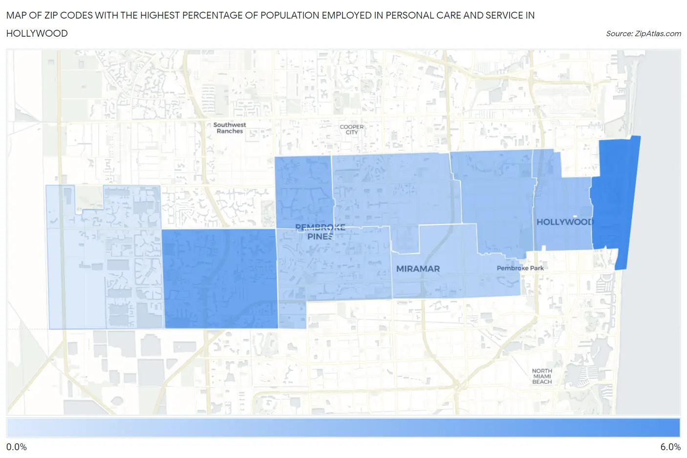 Zip Codes with the Highest Percentage of Population Employed in Personal Care and Service in Hollywood Map