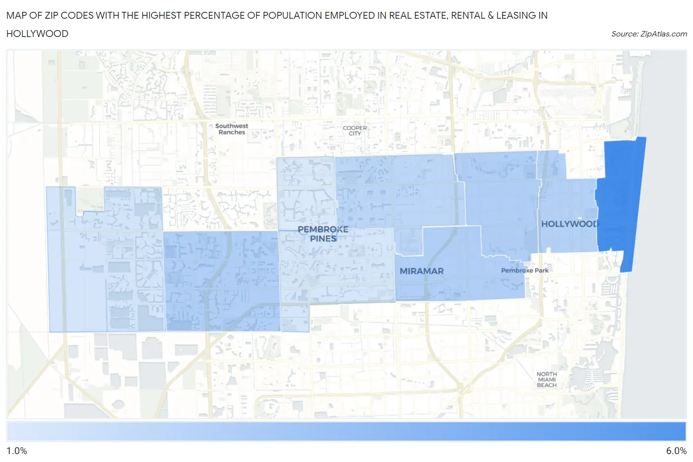 Zip Codes with the Highest Percentage of Population Employed in Real Estate, Rental & Leasing in Hollywood Map