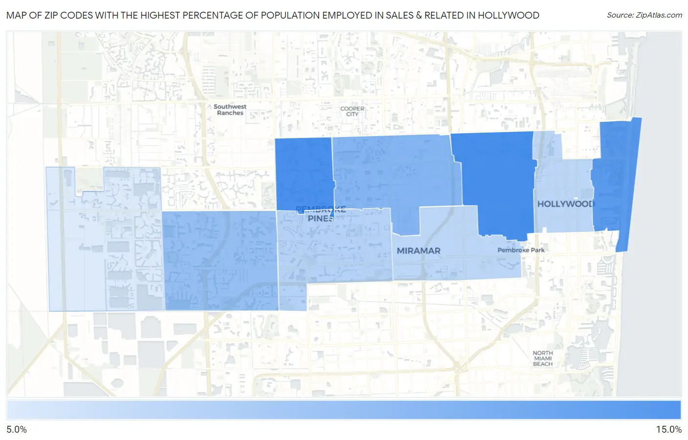 Zip Codes with the Highest Percentage of Population Employed in Sales & Related in Hollywood Map