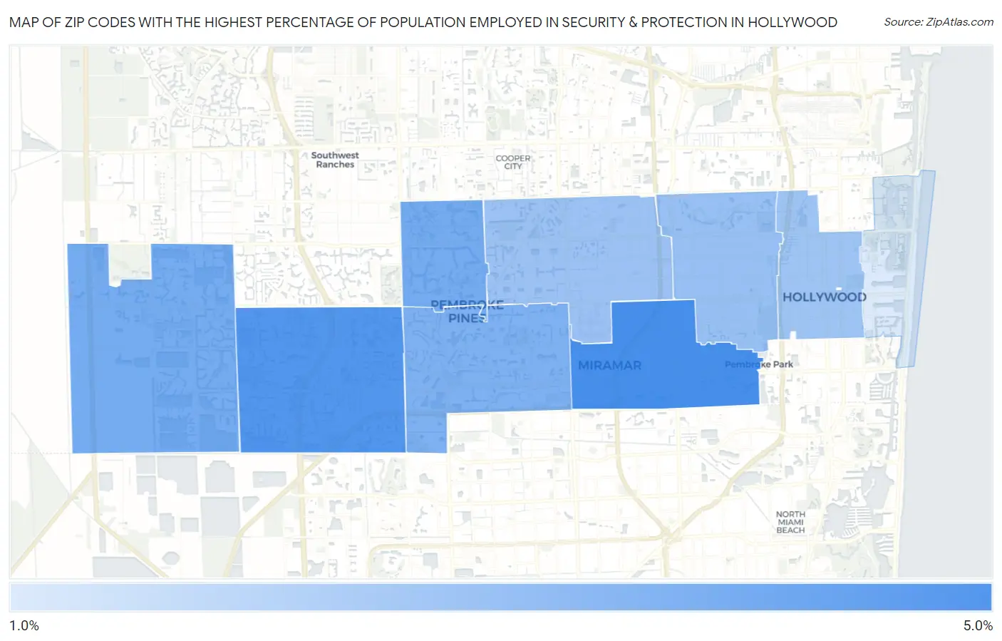 Zip Codes with the Highest Percentage of Population Employed in Security & Protection in Hollywood Map