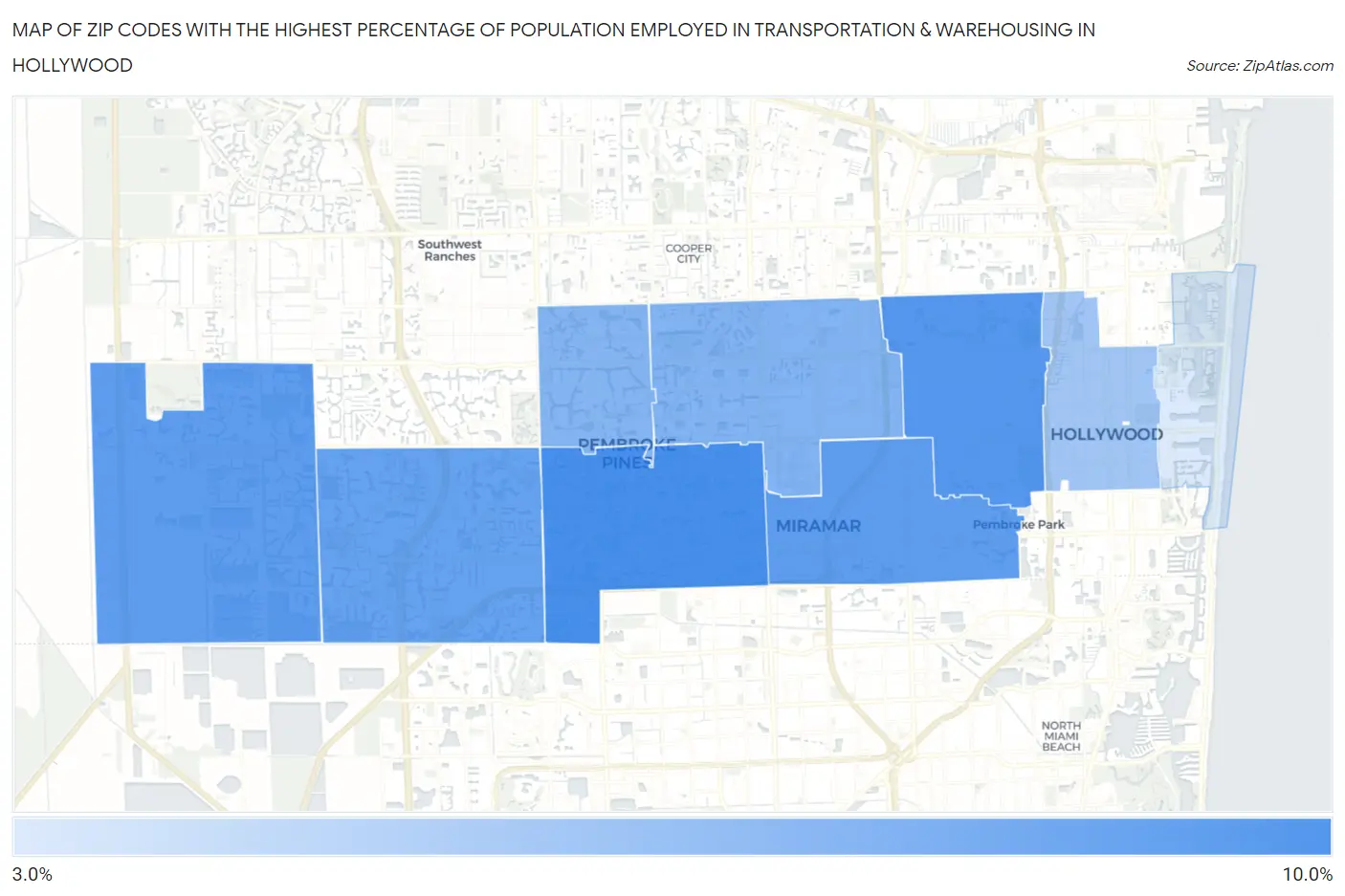 Zip Codes with the Highest Percentage of Population Employed in Transportation & Warehousing in Hollywood Map