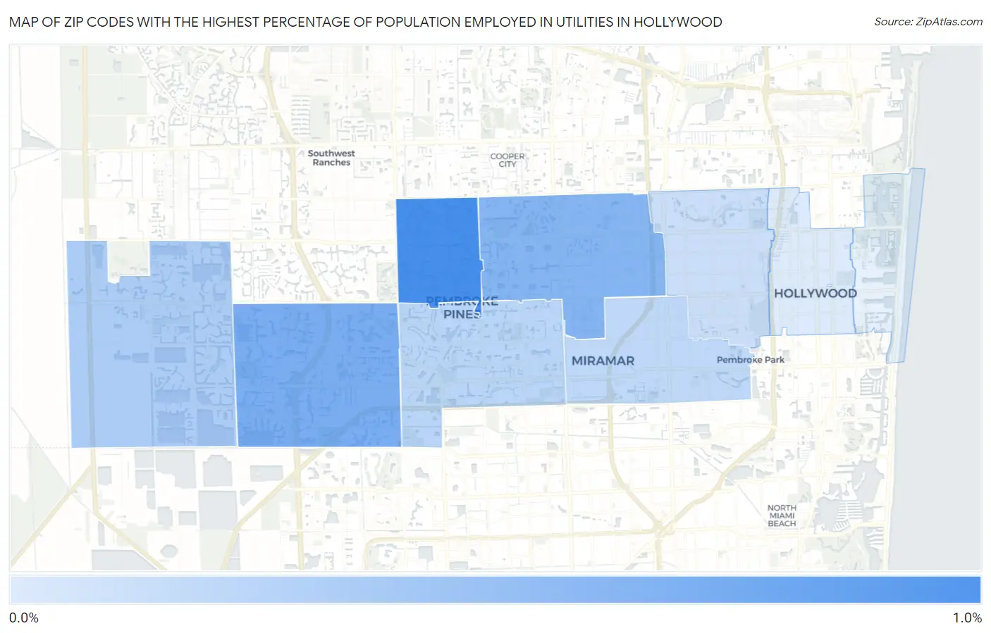 Zip Codes with the Highest Percentage of Population Employed in Utilities in Hollywood Map