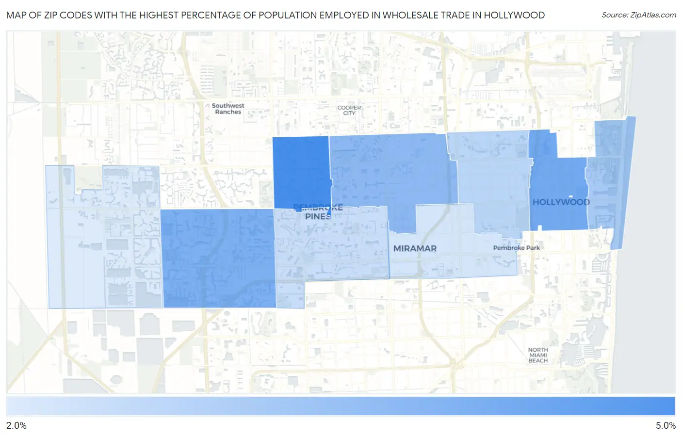 Zip Codes with the Highest Percentage of Population Employed in Wholesale Trade in Hollywood Map