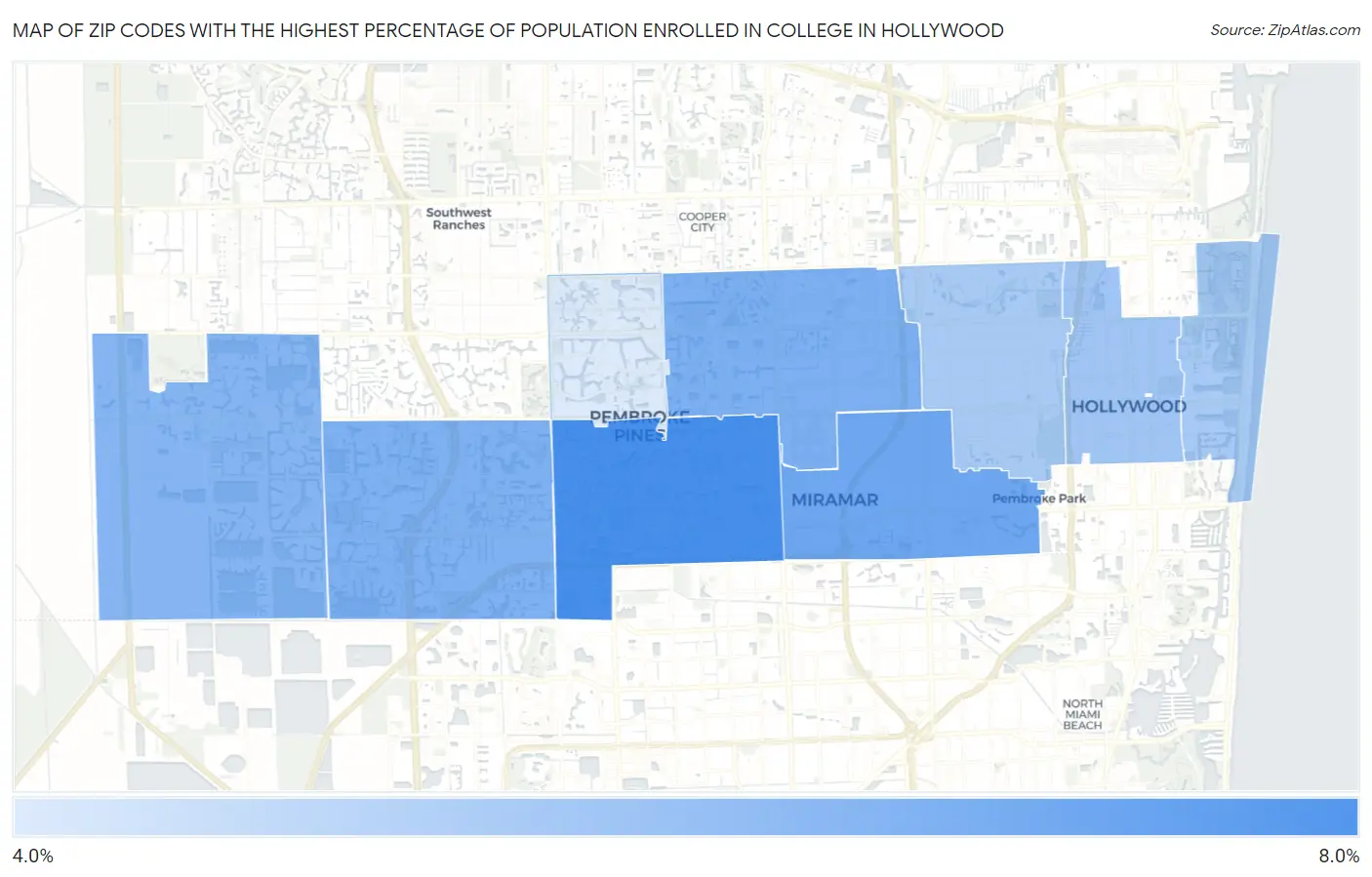 Zip Codes with the Highest Percentage of Population Enrolled in College in Hollywood Map