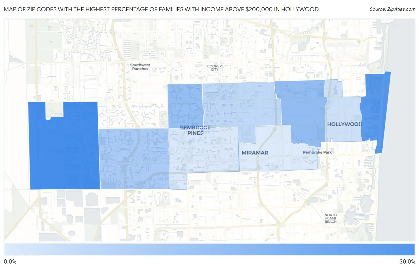 Zip Codes with the Highest Percentage of Families with Income Above $200,000 in Hollywood Map
