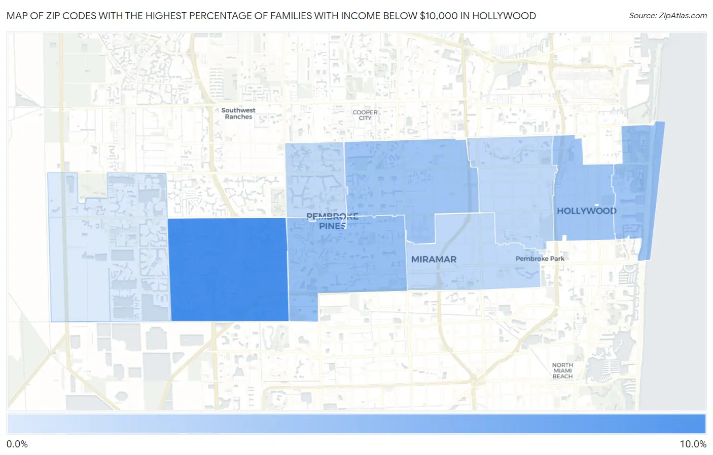 Zip Codes with the Highest Percentage of Families with Income Below $10,000 in Hollywood Map