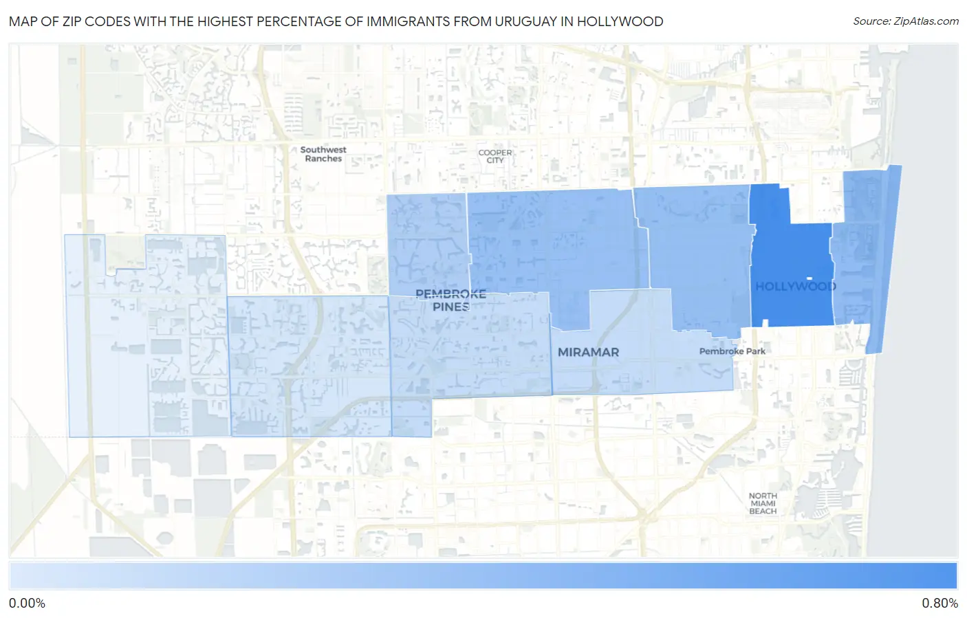 Zip Codes with the Highest Percentage of Immigrants from Uruguay in Hollywood Map
