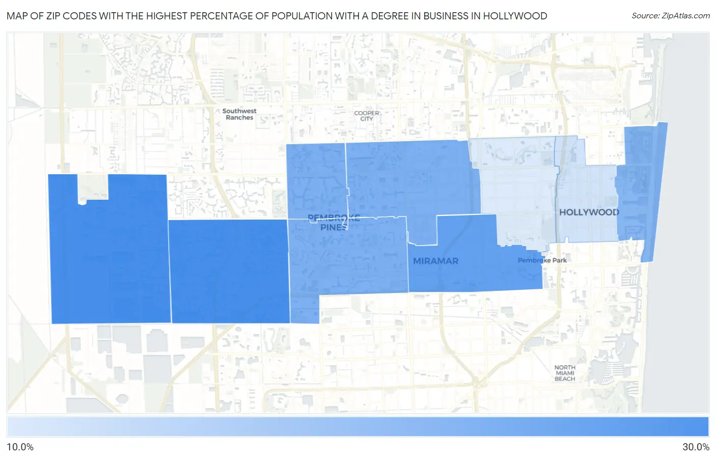 Zip Codes with the Highest Percentage of Population with a Degree in Business in Hollywood Map