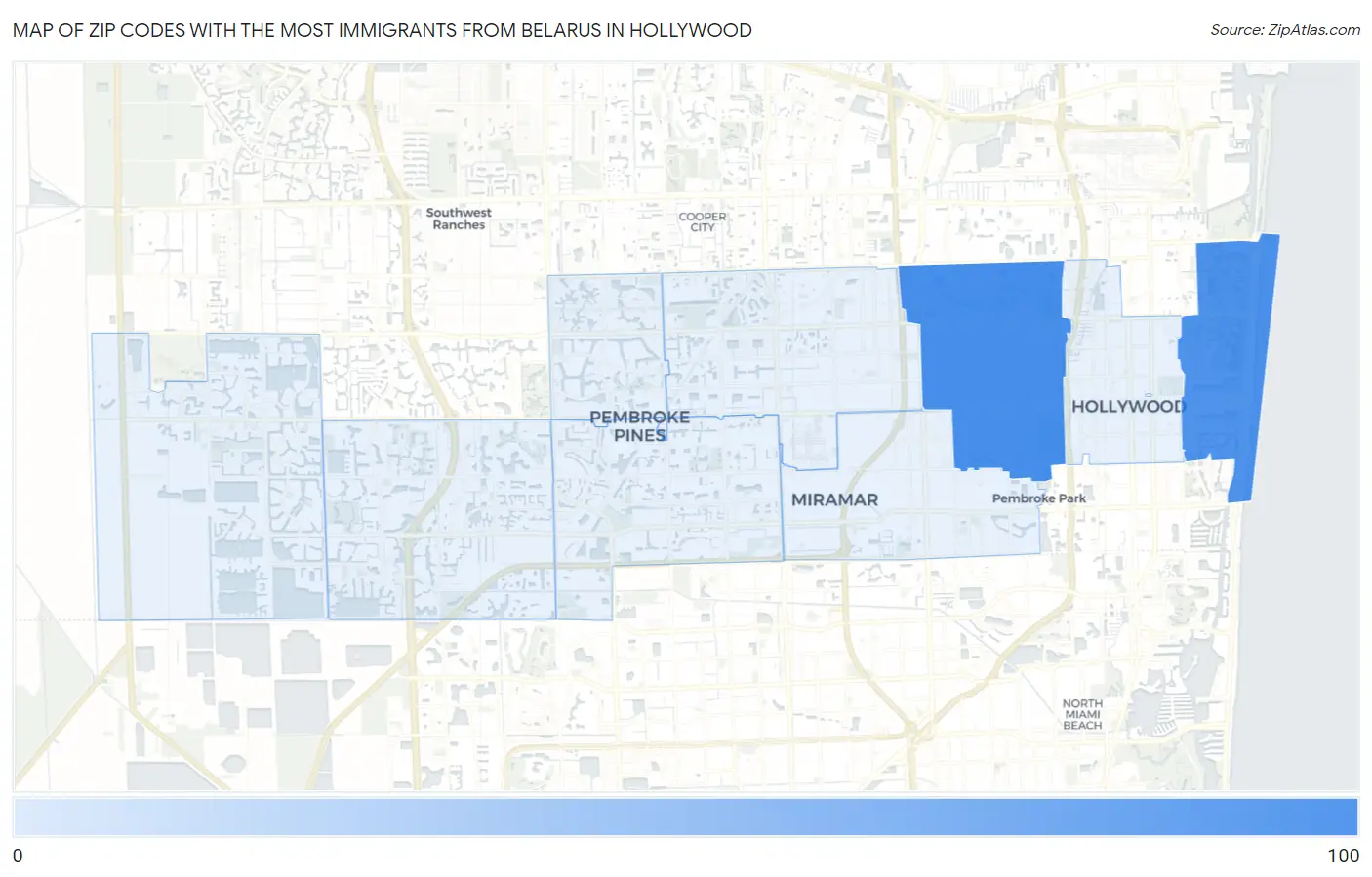 Zip Codes with the Most Immigrants from Belarus in Hollywood Map