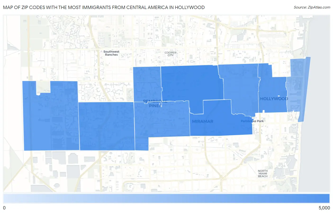 Zip Codes with the Most Immigrants from Central America in Hollywood Map