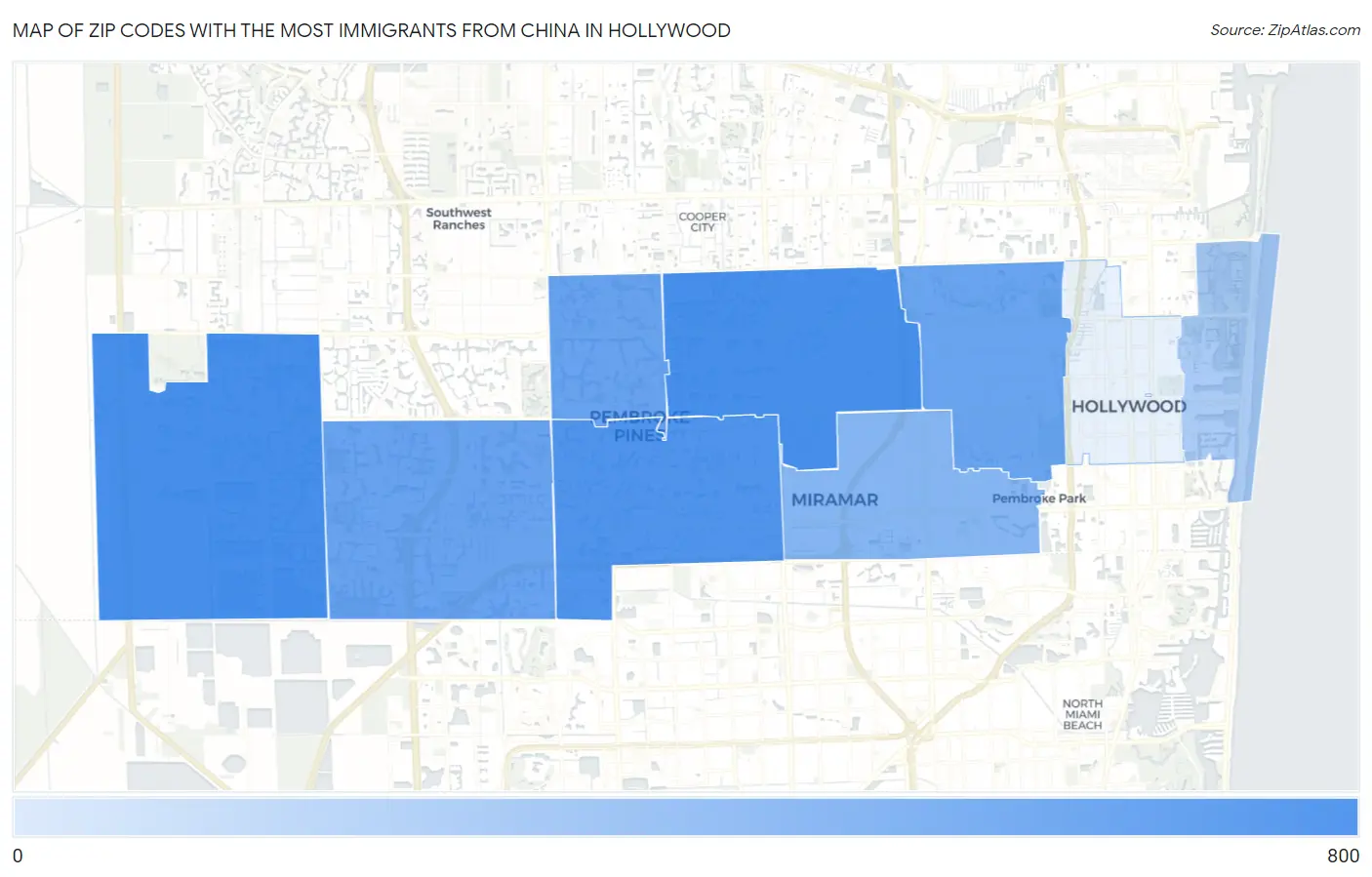 Zip Codes with the Most Immigrants from China in Hollywood Map